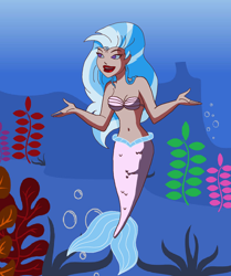 Size: 1344x1609 | Tagged: safe, artist:ocean lover, edit, silverstream, human, mermaid, g4, arms wide open, bare shoulders, beautiful, belly, belly button, blue hair, bra, clothes, fins, fish tail, humanized, kelp, light skin, long hair, looking at something, mermaid tail, mermaidized, ms paint, ocean, pretty, purple eyes, seashell, seashell bra, seaweed, species swap, swimming, tail, tail fin, teenager, two toned hair, underwater, underwear, water