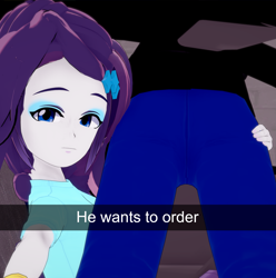 Size: 2139x2160 | Tagged: safe, artist:phoenixflambe, rarity, oc, oc:valiant flame, human, equestria girls, g4, 3d, butt, car interior, he wants to order, koikatsu, meme, selfie