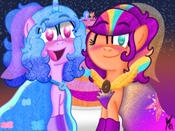 Size: 2160x1620 | Tagged: safe, artist:jesslmc16, izzy moonbow, sunny starscout, earth pony, pony, unicorn, g5, blushing, clothes, cute, dress, duo, duo female, female, glitter, gloves, horn, izzybetes, lesbian, looking at you, mane stripe sunny, marriage, open mouth, ship:moonscout, shipping, smiling, smiling at you, sunnybetes, veil, wedding, wedding dress