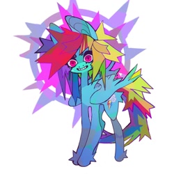 Size: 1058x1058 | Tagged: safe, artist:cutesykill, rainbow dash, pegasus, pony, g4, abstract background, alternate hairstyle, alternate tailstyle, beanbrows, beauty mark, big ears, big eyes, blue coat, colored eyebrows, colored pinnae, creepy, creepy smile, eyebrows, eyelashes, facing you, female, fetlock tuft, folded wings, large wings, long legs, long tail, looking at you, mare, passepartout, rainbow punk, red eyes, slender, smiling, smiling at you, solo, spiky mane, spiky tail, standing, tail, thick eyelashes, thin, thin legs, unusual pupils, wings