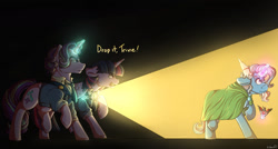 Size: 1866x1000 | Tagged: safe, artist:binibean, starlight glimmer, trixie, twilight sparkle, alicorn, pony, unicorn, g4, alicorn amulet, cloak, clothes, dialogue, female, flashlight (object), floppy ears, glowing, glowing horn, gritted teeth, horn, levitation, magic, mare, necktie, security guard, standing on two hooves, teeth, telekinesis, trio, twilight sparkle (alicorn)