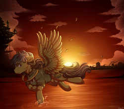 Size: 1250x1096 | Tagged: safe, artist:binibean, daring do, pegasus, pony, g4, female, flying, mare, outdoors, signature, solo, splash, spread wings, sun, sunset, water, wings