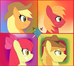 Size: 1947x1730 | Tagged: safe, artist:a.f blade kido, apple bloom, applejack, big macintosh, braeburn, earth pony, pony, g4, album cover, apple family, apple family member, applejack's hat, blonde hair, braeburn's hat, cowboy hat, female, green eyes, hat, male, orange coat, red coat, red hair, smiling, stallion, yellow coat, yellow eyes