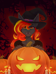 Size: 2845x3734 | Tagged: safe, artist:beta_tata, oc, oc:spirit harvest, bat pony, hybrid, pegasus, anthro, candle, clothes, commission, dress, ear fluff, fangs, female, halloween, hat, holiday, looking at you, mare, pumpkin, smiling, witch, witch hat, ych result