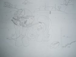 Size: 1280x960 | Tagged: safe, artist:alphadogdeluxe, fluttershy, pony, g4, 2012, american football, football helmet, helmet, pencil drawing, solo, sports, traditional art