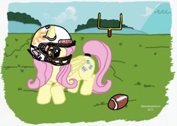 Size: 1032x734 | Tagged: dead source, safe, artist:alphadogdeluxe, fluttershy, pegasus, pony, g4, 2012, american football, artifact, detailed background, female, football helmet, grass, helmet, mare, outdoors, solo, sports