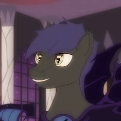 Size: 410x412 | Tagged: safe, artist:alphadogdeluxe, oc, oc only, bat pony, pony, 2013, bust, gray coat, grin, male, night guard, portrait, purple mane, smiling, solo, stallion