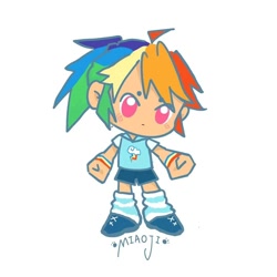 Size: 1080x1080 | Tagged: safe, artist:xiaoxiangzhic, rainbow dash, human, g4, chibi, clothes, cute, dashabetes, full body, humanized, multicolored hair, rainbow hair, shirt, simple background, solo, tan skin, white background