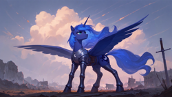 Size: 1920x1088 | Tagged: safe, ai composition, ai content, generator:tponynai3, prompter:truekry, princess luna, alicorn, pony, g4, armor, battlefield, cloud, concave belly, ethereal mane, female, fit, full body, heroic posing, horn, lacrimal caruncle, large wings, mare, outdoors, serious, sky, slender, solo, spread wings, standing, sternocleidomastoid, sword, thin, weapon, wings