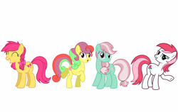 Size: 4096x2584 | Tagged: safe, artist:meghan12345, candy apple (g3), desert rose, fancy flora, minty, earth pony, pony, g3, g4, bend over, bow, eyes closed, female, g3 to g4, generation leap, group, hair bow, happy, looking at you, open mouth, open smile, quartet, raised hoof, raised leg, recolor, rubber band, simple background, smiling, standing, walking, white background