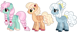 Size: 1364x567 | Tagged: safe, artist:strawberry-spritz, oc, oc only, earth pony, pegasus, pony, g4, bangs, blonde mane, blonde tail, blue coat, blue hooves, braid, braided pigtails, braided tail, chest marking, coat markings, colored eartips, colored hooves, colored wings, cream hooves, curly mane, curly tail, eye markings, eyelashes, facial markings, female, female oc, folded wings, freckles, gradient eyes, gray eyes, hair accessory, hair bun, hair tie, hairclip, hooves, leg freckles, leg markings, lidded eyes, long mane, long tail, mane accessory, mane clip, mare, mare oc, not minty, offspring, orange coat, orange wings, parent:oc:cassiopeia, parent:oc:firely moondust, parents:oc x oc, pigtails, pink mane, pink tail, pixel-crisp art, profile, red eyes, red hooves, short tail, show accurate, simple background, smiling, snip (coat marking), socks (coat markings), standing, star (coat marking), tail, tail accessory, tail tie, teal coat, tied mane, tied tail, transparent background, trio, trio female, two toned ears, two toned mane, two toned tail, two toned wings, wall of tags, white mane, white tail, wing markings, wings