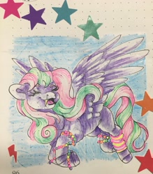 Size: 2722x3105 | Tagged: safe, artist:sweetmelon556, oc, oc:sweet melon, pegasus, pony, fangs, female, mare, solo, traditional art