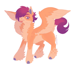 Size: 1634x1389 | Tagged: safe, artist:kaijulii, oc, oc only, pegasus, pony, :p, >:p, cheek fluff, chest fluff, colored wings, ear tufts, eyebrow slit, eyebrows, female, fluffy, looking at you, mare, messy hair, messy mane, multicolored hair, multicolored mane, multicolored tail, multicolored wings, orange fur, pegasus oc, purple mane, purple tail, short mane, short tail, simple background, solo, tail, tongue out, unshorn fetlocks, white background, wings