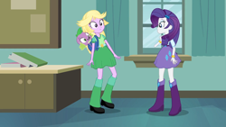 Size: 1280x720 | Tagged: safe, screencap, rarity, spike, twilight sparkle, dog, human, equestria girls, g4, my little pony equestria girls, backpack, boots, classroom, clothes, disguise, duo, duo female, female, green skirt, indoors, male, purple skirt, shoes, skirt, spike the dog, trio, twilight strong, wig