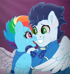 Size: 5381x5722 | Tagged: safe, artist:liv-and-b-merry, rainbow dash, soarin', pegasus, pony, g4, alternate hairstyle, alternate timeline, amputee, apocalypse dash, armor, artificial wings, augmented, clothes, cork, crying, crystal empire, crystal war timeline, duo, duo male and female, embrace, facial scar, female, male, mare, mechanical wing, metal wing, prosthetic limb, prosthetic wing, prosthetics, scar, ship:soarindash, shipping, sombraverse, stallion, straight, tears of joy, uniform, wings