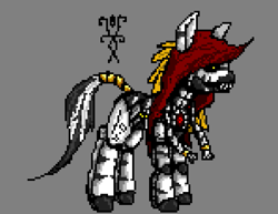 Size: 891x688 | Tagged: safe, artist:damset, oc, oc only, oc:dynamo, android, robot, zebra, digital art, female, hood, jewelry, ms paint, pixel art, red hood, ring, simple background, tail, tail ring, yellow eyes