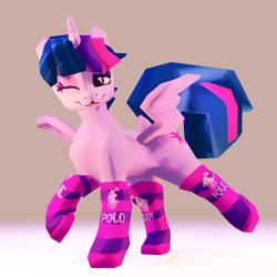 Size: 1080x1080 | Tagged: safe, artist:br0via, twilight sparkle, alicorn, pony, g4, 3d, clothes, cute, female, looking at you, low poly, mare, one eye closed, socks, solo, spread wings, standing on two hooves, striped socks, twiabetes, twilight sparkle (alicorn), wings, wink, winking at you