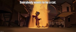 Size: 1194x499 | Tagged: safe, edit, edited screencap, screencap, capper dapperpaws, abyssinian, anthro, digitigrade anthro, g4, my little pony: the movie, caption, disney, image macro, imgflip, looking at you, movie reference, outdoors, song reference, text, the aristocats