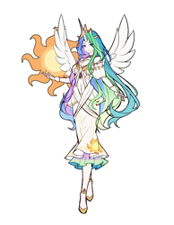 Size: 2078x2672 | Tagged: safe, artist:手中玺yu, princess celestia, human, g4, clothes, cutie mark background, dress, horn, horned humanization, humanized, simple background, smiling, solo, spread wings, white background, winged humanization, wings