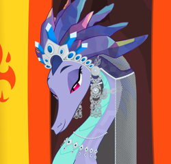 Size: 850x817 | Tagged: safe, artist:queencold, oc, oc only, oc:blaze, dragon, g4, bust, crown, dragon oc, dragoness, female, jewelry, lidded eyes, necklace, non-pony oc, regalia, smiling, solo, veil