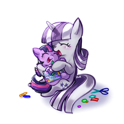 Size: 2048x2048 | Tagged: safe, artist:izuchi, twilight sparkle, twilight velvet, pony, unicorn, g4, blushing, crying, cute, daaaaaaaaaaaw, duo, duo female, eyes closed, female, filly, filly twilight sparkle, foal, horn, mother and child, mother and daughter, mother's day, open mouth, open smile, scissors, simple background, sitting, smiling, tears of joy, twiabetes, unicorn twilight, velvetbetes, white background, younger