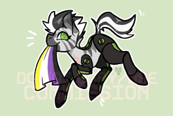 Size: 1000x673 | Tagged: safe, artist:maroonmads, oc, oc only, zebra, amputee, commission, nonbinary, nonbinary oc, nonbinary pride flag, obtrusive watermark, pride, pride flag, prosthetic leg, prosthetic limb, prosthetics, robotic legs, solo, watermark, ych result, zebra oc