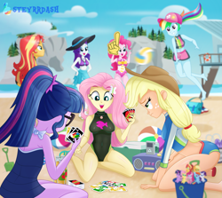 Size: 2403x2145 | Tagged: safe, artist:steyrrdash, derpibooru exclusive, applejack, fluttershy, pinkie pie, rainbow dash, rarity, sci-twi, sunset shimmer, twilight sparkle, human, equestria girls, g4, bare shoulders, barefoot, beach, beach ball, belly, belly button, bikini, breasts, bucket, busty fluttershy, clothes, feet, fluttershy's one-piece swimsuit, hat, humane five, humane seven, humane six, kneeling, midriff, one-piece swimsuit, open mouth, open smile, outdoors, plushie, sarong, self plushidox, shoes removed, shorts, sleeveless, smiling, sports, sports bra, sports shorts, sun hat, swimsuit, uno, volleyball