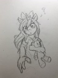 Size: 3024x4032 | Tagged: safe, artist:zsnowfilez, oc, oc:chocolate frostheart, unicorn, anthro, female, filly, foal, horn, monochrome, plushie, sketch, solo, teddy bear, traditional art, younger