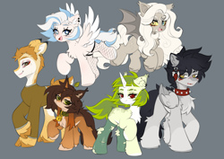 Size: 3508x2480 | Tagged: safe, artist:arisuyukita, oc, oc only, oc:belial, oc:mary (arisu), oc:unika (juda), bat pony, deer, deer pony, earth pony, hybrid, original species, pegasus, squirrel, squirrel pony, unicorn, wolf, wolf pony, bell, bell collar, chest fluff, clothes, cloven hooves, collar, ear piercing, earring, gray background, horn, jewelry, piercing, shirt, simple background, spiked collar, starry eyes, stockings, thigh highs, wingding eyes