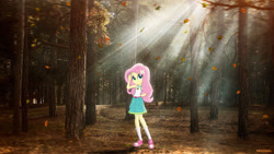 Size: 1600x900 | Tagged: safe, artist:haiikhal, fluttershy, human, equestria girls, g4, autumn, camp everfree outfits, crepuscular rays, equestria girls in real life, female, forest, irl, leaves, nature, outdoors, photo, solo, tree