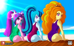 Size: 1000x625 | Tagged: safe, artist:minusclass, adagio dazzle, aria blaze, sonata dusk, human, equestria girls, g4, 2d, adagio dat-azzle, arse-ia blaze, ass, bangs, beach, breasts, butt, clothes, cloud, crepuscular rays, curly hair, eyebrows, eyeshadow, female, height difference, line-up, looking at you, looking back, looking back at you, makeup, ocean, one-piece swimsuit, open mouth, open smile, outdoors, patreon, patreon logo, pigtails, plotline, ponytail, raised eyebrow, sand, sideboob, sitting, sky, sleeveless, smiling, smiling at you, sonata donk, sun, swimsuit, the dazzlings, trio, trio female, twintails, water