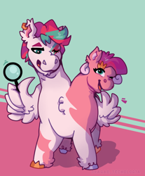 Size: 1754x2120 | Tagged: safe, artist:dragao_tecnologia, pipp petals, zipp storm, pegasus, pony, series:cutie mark chaos, g5, alternate universe, conjoined, conjoined twins, digital art, fanart, female, magnifying glass, multiple heads, royal sisters (g5), siblings, sisters, two heads