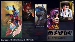 Size: 2560x1440 | Tagged: safe, artist:krapinkaius, derpibooru exclusive, cozy glow, pipp petals, oc, oc only, oc:akrilchan, oc:protege, pegasus, pony, unicorn, semi-anthro, fallout equestria, fallout equestria: murky number seven, g4, g5, my little pony: a new generation, advertisement, arm hooves, beaker, bone, bow, burn, candle, candlestick, cape, cempasúchil, clothes, commission, commission info, commission open, dia de los muertos, face paint, fanfic art, female, figurine, flower, food, gas mask, grapes, gun, hair bow, hamlet, handgun, hood, horn, large wings, male, mare, mask, mirror, necktie, nightmare night, older, older cozy glow, paint, paintbrush, radiation, radiation sign, red and black oc, respirator, revolver, scar, shirt, skeleton, skull, stallion, unicorn oc, upside down, visor, wall of tags, weapon, william shakespeare, wings