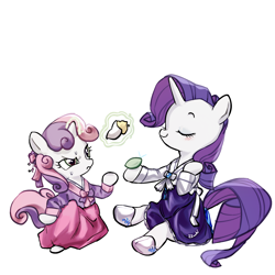 Size: 2048x2048 | Tagged: safe, artist:izuchi, rarity, sweetie belle, pony, unicorn, semi-anthro, g4, bipedal, clothes, concentrating, dress, duo, duo female, eyes closed, female, filly, foal, hanbok, horn, magic, mare, siblings, simple background, sisters, smiling, sweat, telekinesis, white background