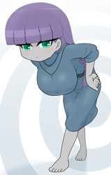 Size: 1412x2224 | Tagged: safe, artist:batipin, maud pie, human, equestria girls, g4, 2d, ankles, bangs, barefoot, big breasts, breasts, busty maud pie, eyeshadow, feet, female, hand on hip, looking at you, makeup, solo, straight hair, toes, waistband