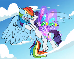 Size: 4153x3338 | Tagged: safe, artist:chub-wub, rainbow dash, rarity, pegasus, pony, unicorn, g4, sonic rainboom (episode), 2022, backwards cutie mark, bedroom eyes, blushing, butt, butterfly wings, chest fluff, cloud, colored wings, duo, duo female, eye contact, eyeshadow, female, floppy ears, flying, glimmer wings, gossamer wings, horn, lesbian, lidded eyes, looking at each other, looking at someone, makeup, mare, multicolored wings, old art, open mouth, outdoors, plot, rainbow wings, rearity, ship:raridash, shipping, sky, spread wings, tail, wings