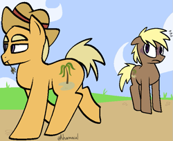 Size: 669x549 | Tagged: safe, artist:kharmacal, coco crusoe, honeycomb sunrise, earth pony, pony, g4, duo, outdoors, scared