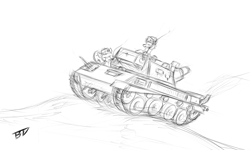 Size: 2334x1400 | Tagged: safe, artist:pinky_bestia, oc, oc only, pony, equestria at war mod, duo, feral, m8 scott, monochrome, sketch, tank (vehicle), weapon