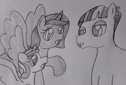 Size: 2048x1394 | Tagged: safe, artist:lunashy21, mudbriar, princess flurry heart, oc, oc:nyx, alicorn, earth pony, pony, g4, the maud couple, alicorn oc, horn, male and female, monochrome, simple background, spread wings, traditional art, trio, trio male and female, white background, wings