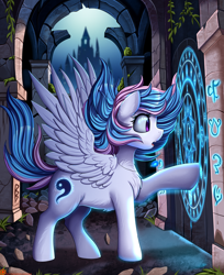 Size: 2408x2957 | Tagged: safe, artist:pridark, oc, oc only, oc:starburn, pegasus, pony, castle, magic, magic circle, pegasus oc, ruins, solo