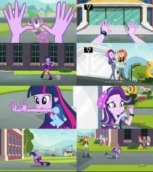 Size: 1179x1329 | Tagged: safe, screencap, apple bloom, bon bon, lyra heartstrings, scootaloo, spike, starlight glimmer, sunset shimmer, sweetie belle, sweetie drops, twilight sparkle, dog, human, equestria girls, equestria girls specials, g4, my little pony equestria girls, my little pony equestria girls: mirror magic, beanie hat, boots, callback, canterlot high, comparison, cutie mark crusaders, dogs riding humans, female, male, riding, shoes, spike riding twilight, spike the dog, watch, wondercolt statue