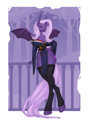 Size: 3028x4348 | Tagged: safe, artist:kirasunnight, oc, oc only, oc:lilac night, bat pony, anthro, unguligrade anthro, anthro oc, bat pony oc, clothes, crossed hooves, female, hooves, looking at you, outfit, passepartout, solo, stockings, tail, thigh highs, wings