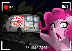 Size: 5000x3535 | Tagged: safe, artist:gabbygums21, pinkie pie, earth pony, pony, g4, camcorder, female, free candy, i can't believe it's not witchtaunter, lost, mare, meme, night, pointing, solo, soyjak, street, this will not end well, van, wojak