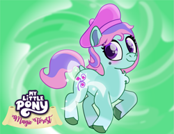 Size: 1113x861 | Tagged: safe, artist:prixy05, ivy, earth pony, pony, series:magic forest, g2, abstract background, beret, female, filly, foal, glowing cutie mark, gradient background, hat, redesign, solo, swirly background