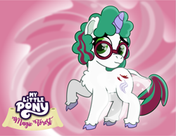 Size: 1113x862 | Tagged: safe, artist:prixy05, gusty, classical unicorn, pony, unicorn, series:magic forest, g1, abstract background, cloven hooves, female, filly, foal, glasses, glowing cutie mark, gradient background, horn, leonine tail, redesign, solo, swirly background, unshorn fetlocks