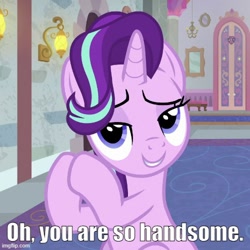 Size: 500x500 | Tagged: safe, edit, edited screencap, screencap, starlight glimmer, pony, unicorn, a horse shoe-in, g4, bronybait, caption, cropped, flirting, horn, image macro, imgflip, indoors, lidded eyes, school of friendship, solo, talking to viewer, text