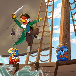 Size: 3000x3000 | Tagged: safe, artist:batavern, oc, oc only, oc:blurain, oc:grazdech, oc:seyden, boat, captain smollett, clothes, cloud, cosplay, costume, dr. livesey, mast, ocean, outdoors, pirate ship, rigging, sail, sky, squire trelawney, sword, treasure island, trio, vessel, water, weapon