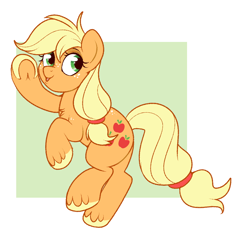 Size: 818x781 | Tagged: safe, artist:lulubell, applejack, earth pony, pony, g4, cheering, chibi, hatless, missing accessory, passepartout, solo, underhoof, unshorn fetlocks