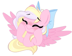 Size: 2425x1881 | Tagged: safe, artist:emberslament, oc, oc only, oc:bay breeze, pegasus, pony, blushing, bow, cute, eyes closed, female, hair bow, happy, mare, pegasus oc, simple background, squishy cheeks, transparent background