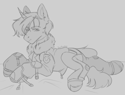 Size: 3632x2760 | Tagged: safe, artist:bellumangeli, oc, oc only, pony, unicorn, fallout equestria, armor, bed, clothes, ear fluff, ear piercing, horn, jacket, looking back, male, monochrome, pants, piercing, simple background, sketch, solo